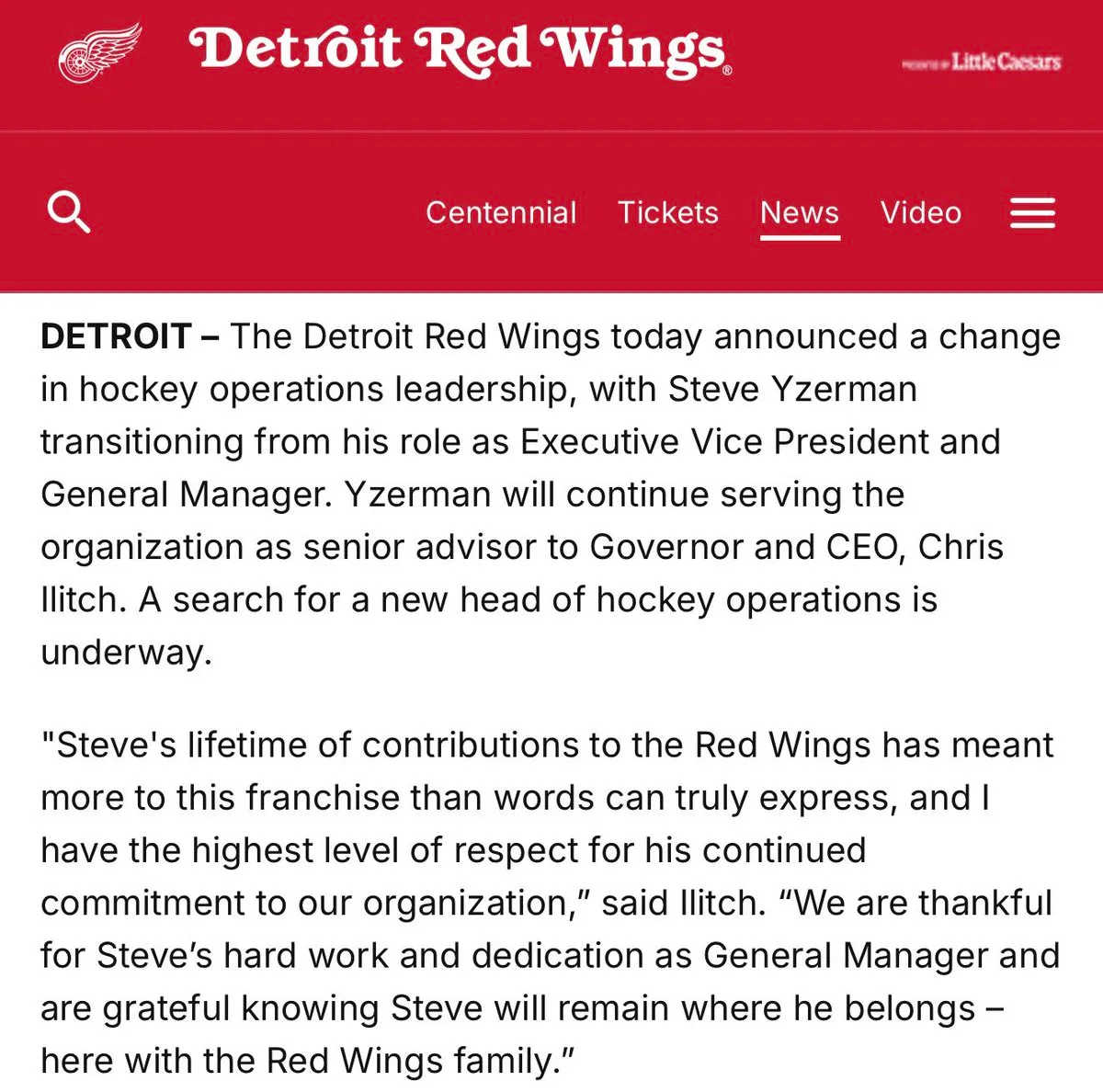 Detroit Red Wings GM search prioritizes internal continuity after Yzerman exit - Article Analysis sur NHL Insight