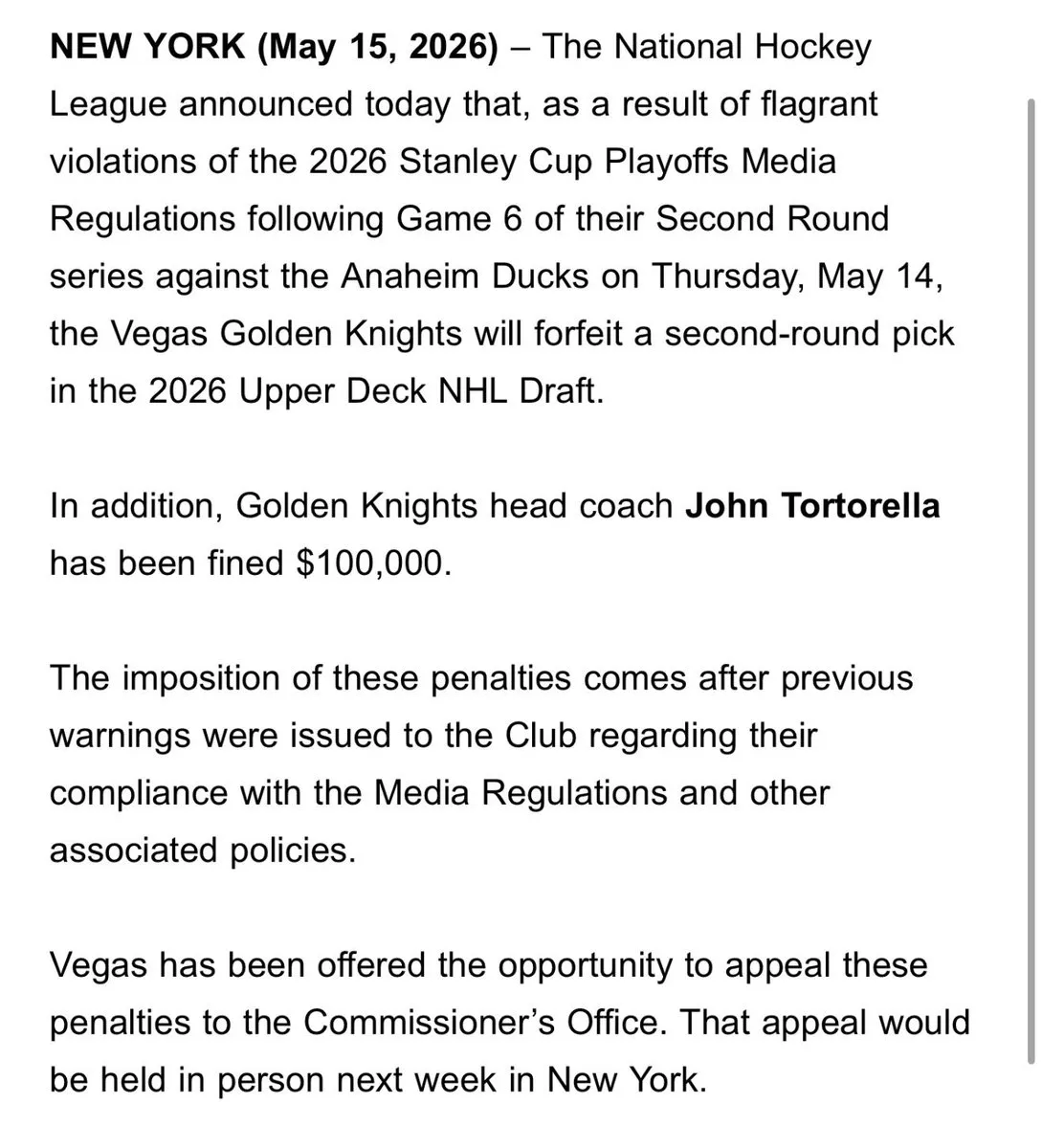 NHL Forces Golden Knights to Forfeit Draft Pick and Fines John Tortorella - Article News sur NHL Insight