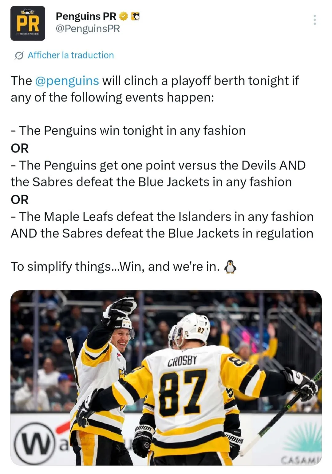 Penguins clinch playoff spot, ending three-year postseason drought - Article News sur NHL Insight